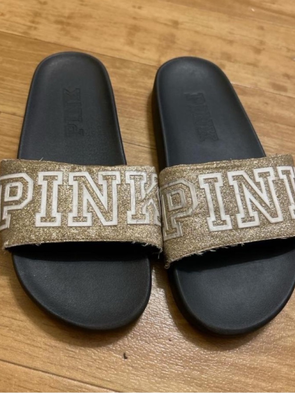 PINK Victoria's Secret Gold Glitter Logo Slide Sandals with Black Footbed